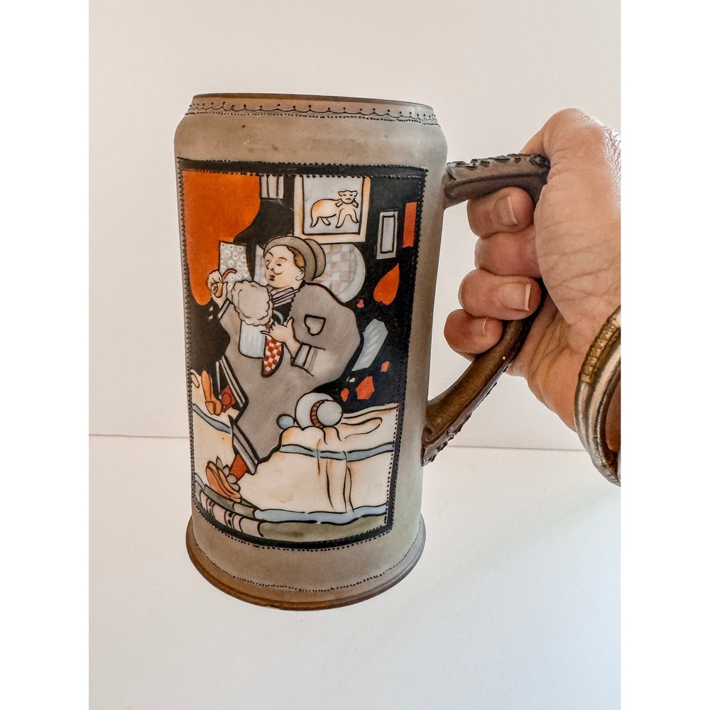 Antique Nippon Hand Painted Beer Stein Moriage Tavern Scene Landscape Porcelain